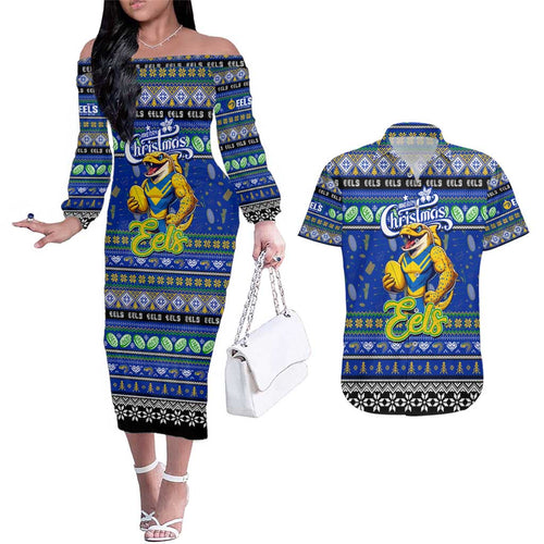 Personalized Eels Rugby Xmas Couples Matching Off The Shoulder Long Sleeve Dress and Hawaiian Shirt Australia NRL Mascot