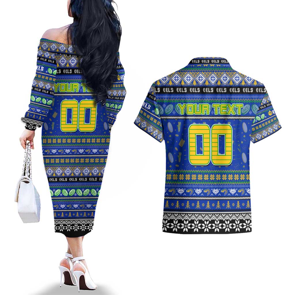 Personalized Eels Rugby Xmas Couples Matching Off The Shoulder Long Sleeve Dress and Hawaiian Shirt Australia NRL Mascot