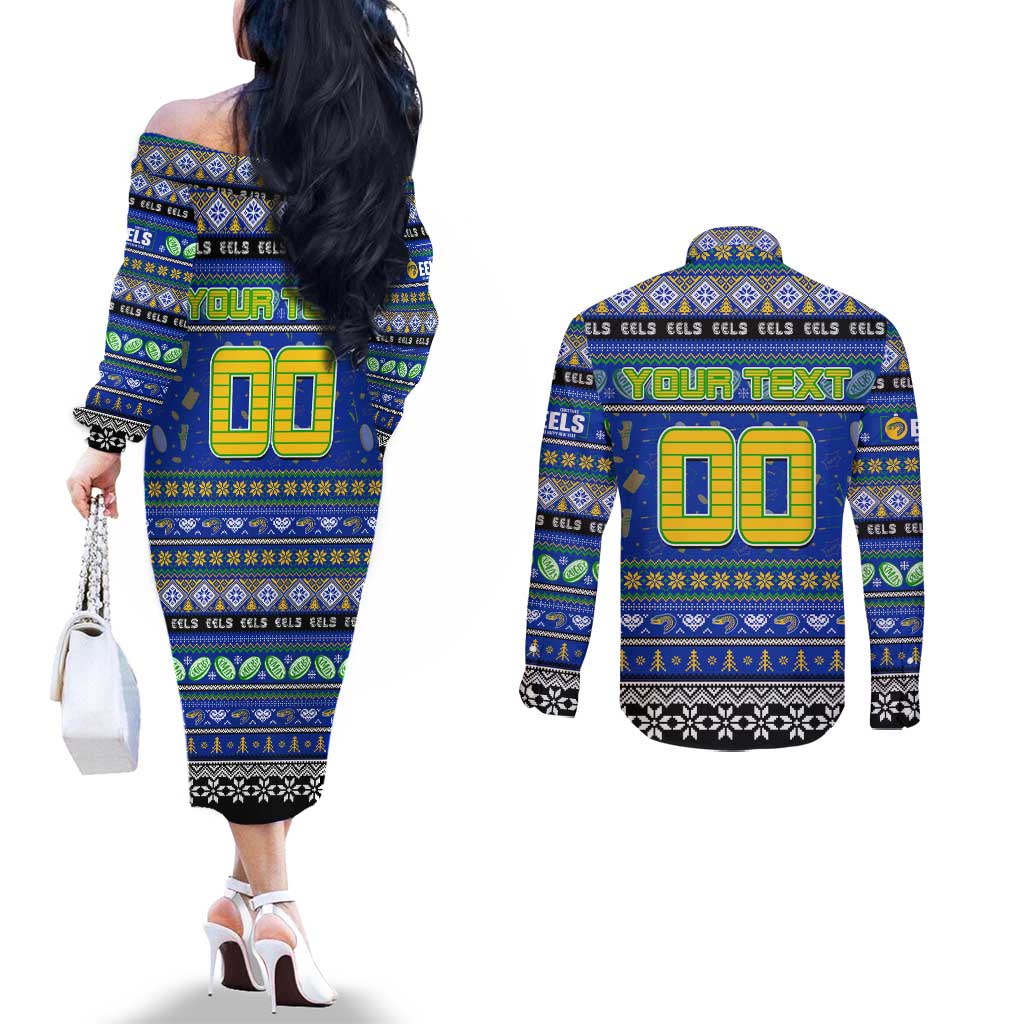 Personalized Eels Rugby Xmas Couples Matching Off The Shoulder Long Sleeve Dress and Long Sleeve Button Shirt Australia NRL Mascot