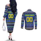 Personalized Eels Rugby Xmas Couples Matching Off The Shoulder Long Sleeve Dress and Long Sleeve Button Shirt Australia NRL Mascot