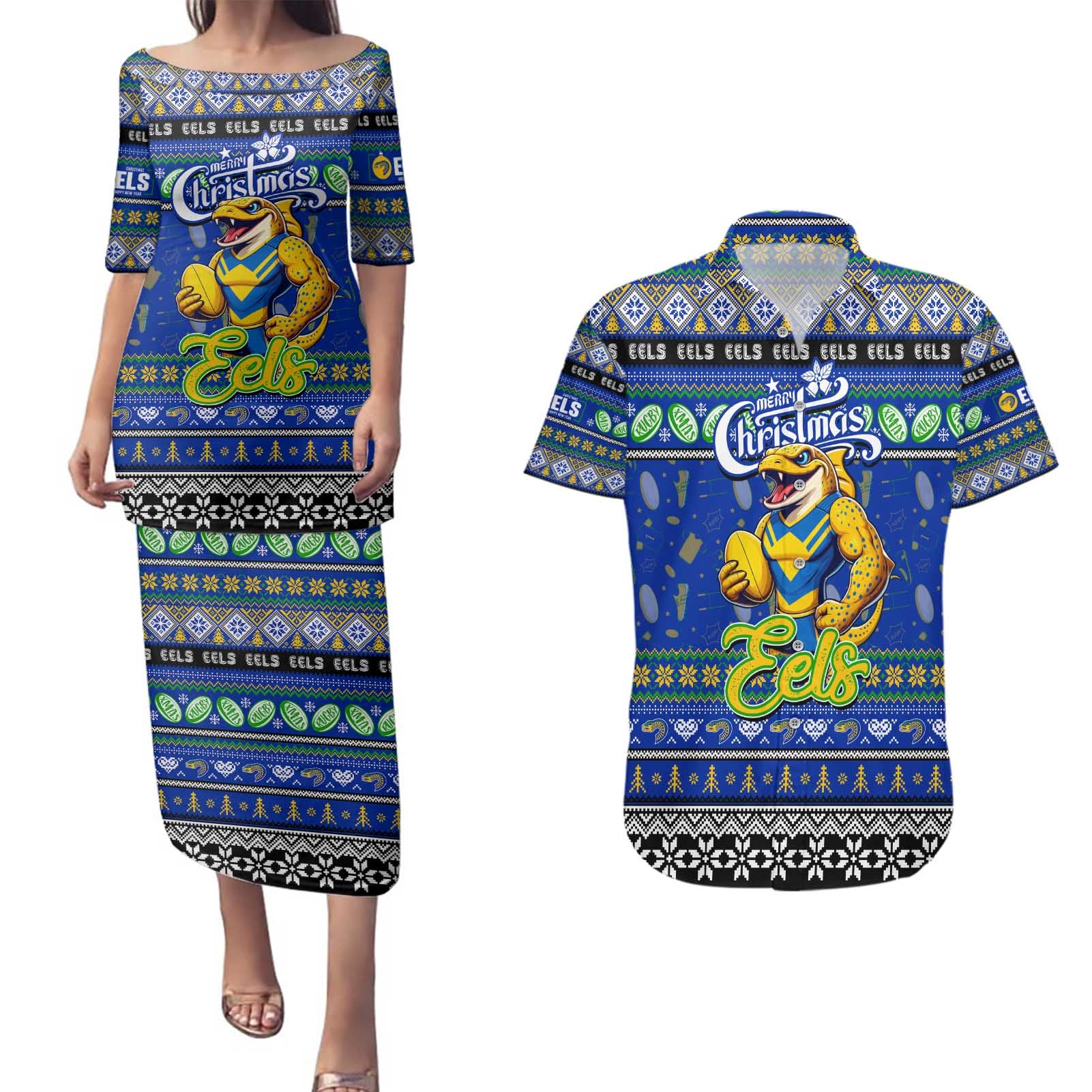 Personalized Eels Rugby Xmas Couples Matching Puletasi and Hawaiian Shirt Australia NRL Mascot