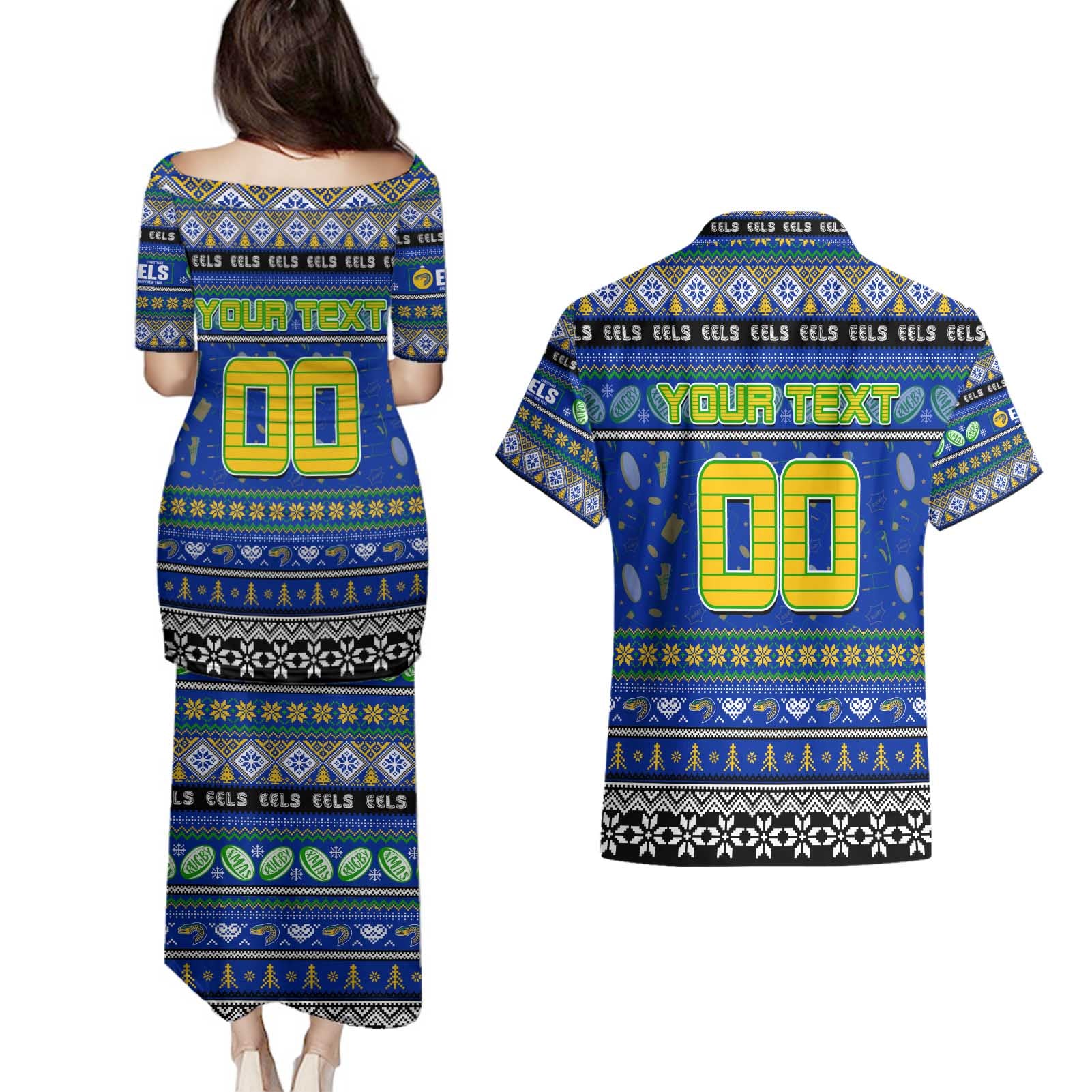 Personalized Eels Rugby Xmas Couples Matching Puletasi and Hawaiian Shirt Australia NRL Mascot