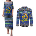 Personalized Eels Rugby Xmas Couples Matching Puletasi and Long Sleeve Button Shirt Australia NRL Mascot