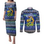 Personalized Eels Rugby Xmas Couples Matching Puletasi and Long Sleeve Button Shirt Australia NRL Mascot