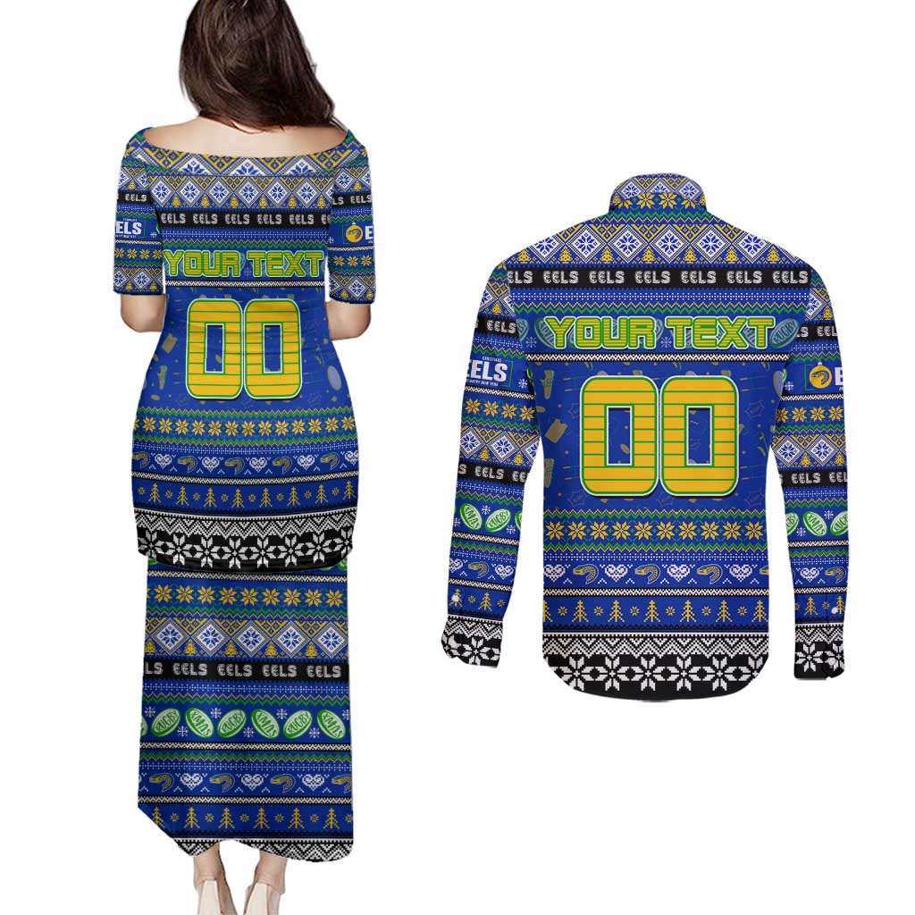 Personalized Eels Rugby Xmas Couples Matching Puletasi and Long Sleeve Button Shirt Australia NRL Mascot