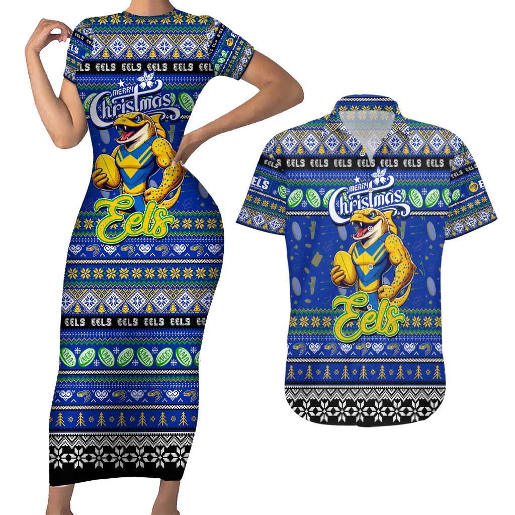 Personalized Eels Rugby Xmas Couples Matching Short Sleeve Bodycon Dress and Hawaiian Shirt Australia NRL Mascot