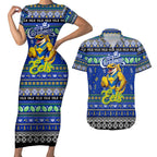 Personalized Eels Rugby Xmas Couples Matching Short Sleeve Bodycon Dress and Hawaiian Shirt Australia NRL Mascot