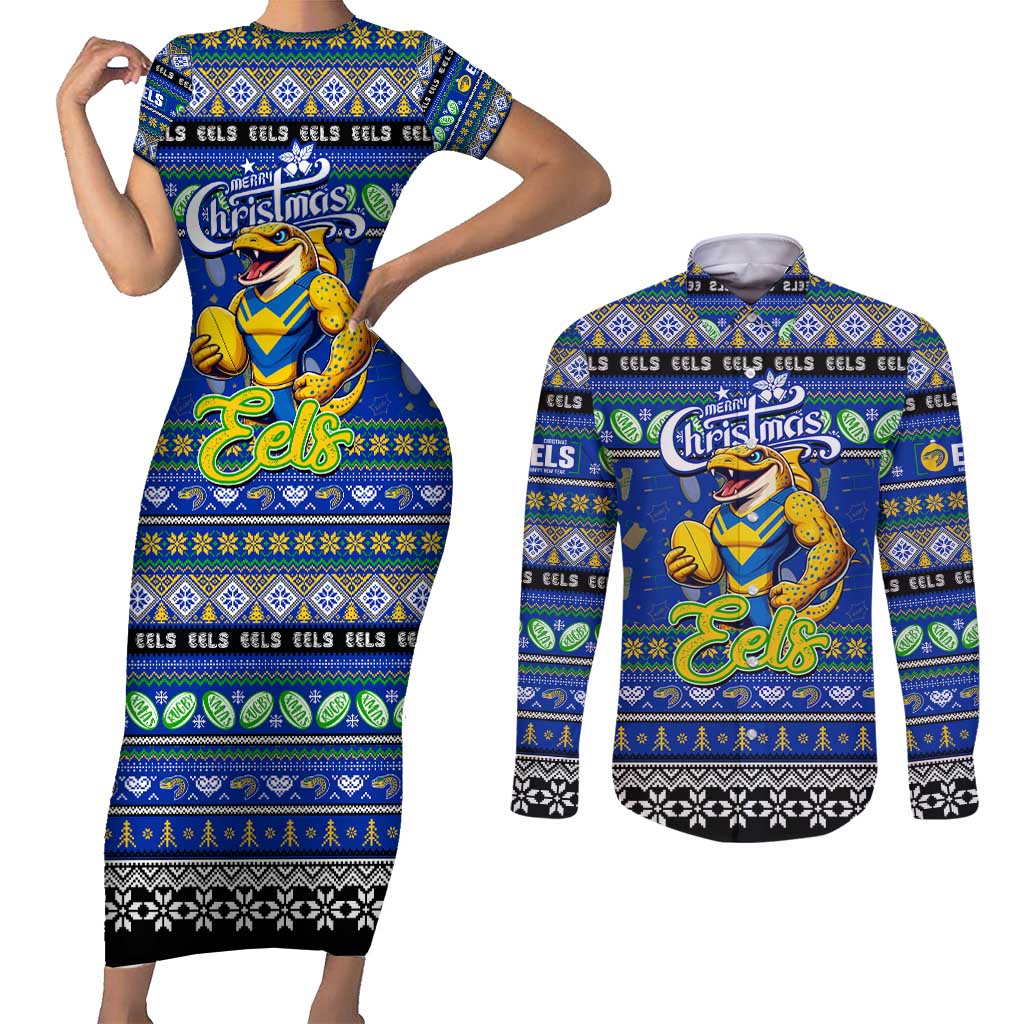 Personalized Eels Rugby Xmas Couples Matching Short Sleeve Bodycon Dress and Long Sleeve Button Shirt Australia NRL Mascot