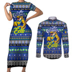 Personalized Eels Rugby Xmas Couples Matching Short Sleeve Bodycon Dress and Long Sleeve Button Shirt Australia NRL Mascot