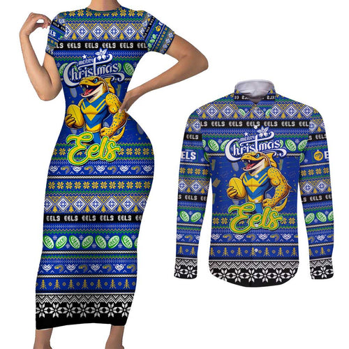 Personalized Eels Rugby Xmas Couples Matching Short Sleeve Bodycon Dress and Long Sleeve Button Shirt Australia NRL Mascot