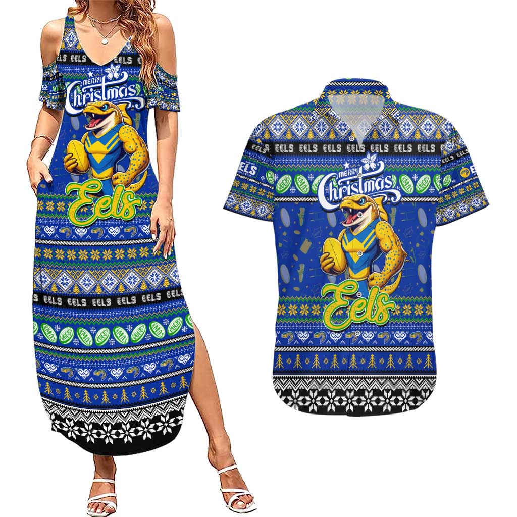 Personalized Eels Rugby Xmas Couples Matching Summer Maxi Dress and Hawaiian Shirt Australia NRL Mascot