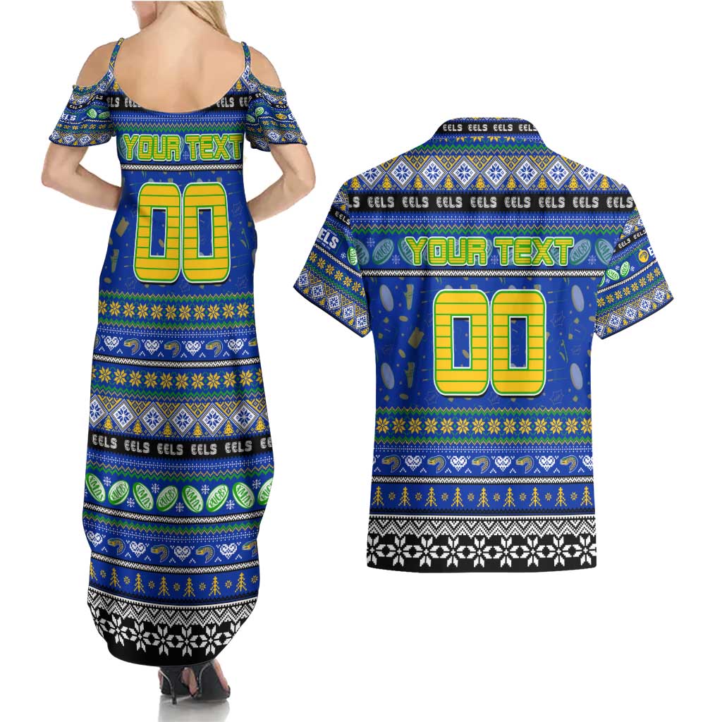 Personalized Eels Rugby Xmas Couples Matching Summer Maxi Dress and Hawaiian Shirt Australia NRL Mascot