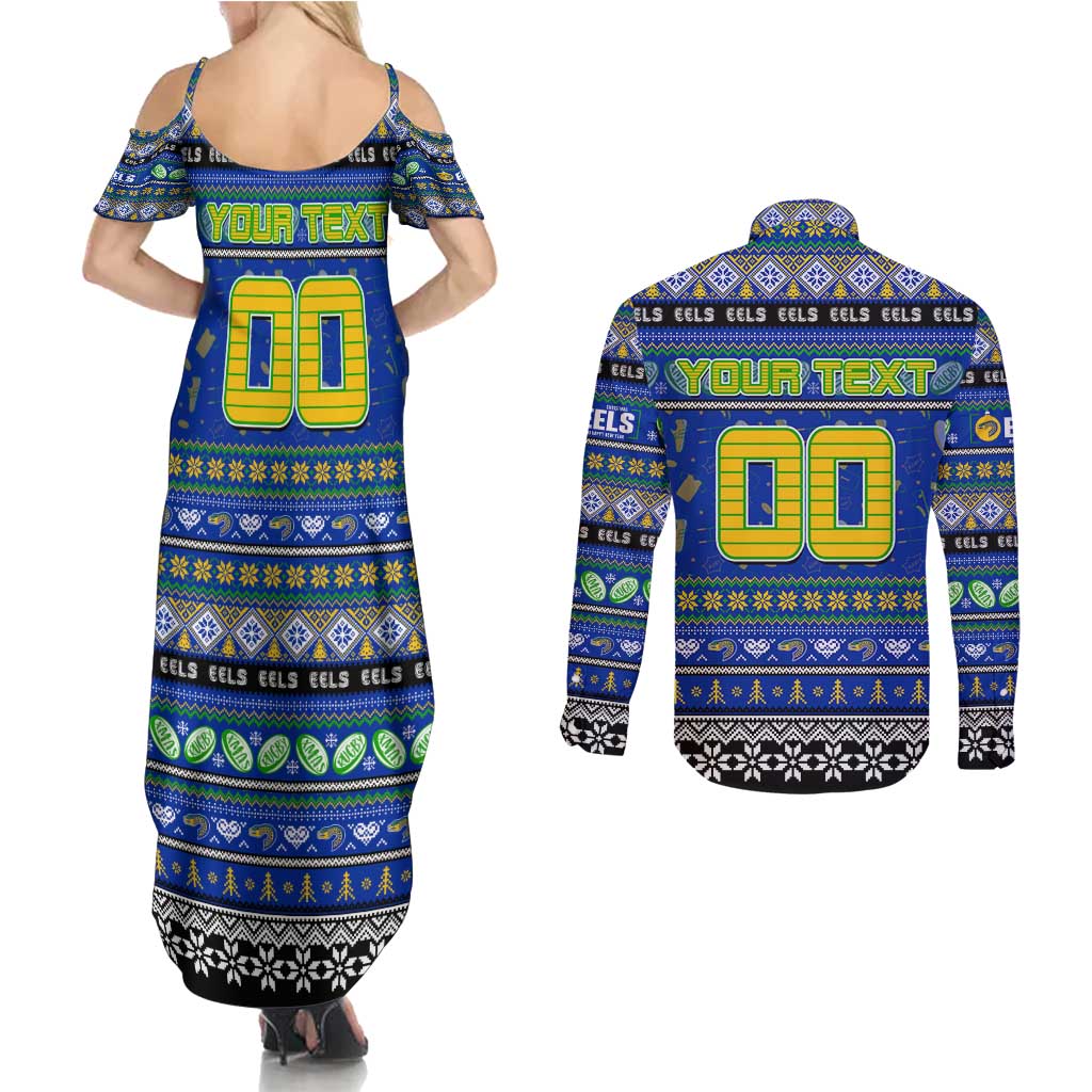 Personalized Eels Rugby Xmas Couples Matching Summer Maxi Dress and Long Sleeve Button Shirt Australia NRL Mascot