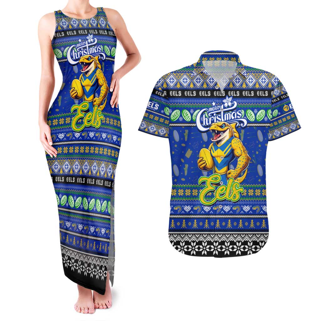 Personalized Eels Rugby Xmas Couples Matching Tank Maxi Dress and Hawaiian Shirt Australia NRL Mascot