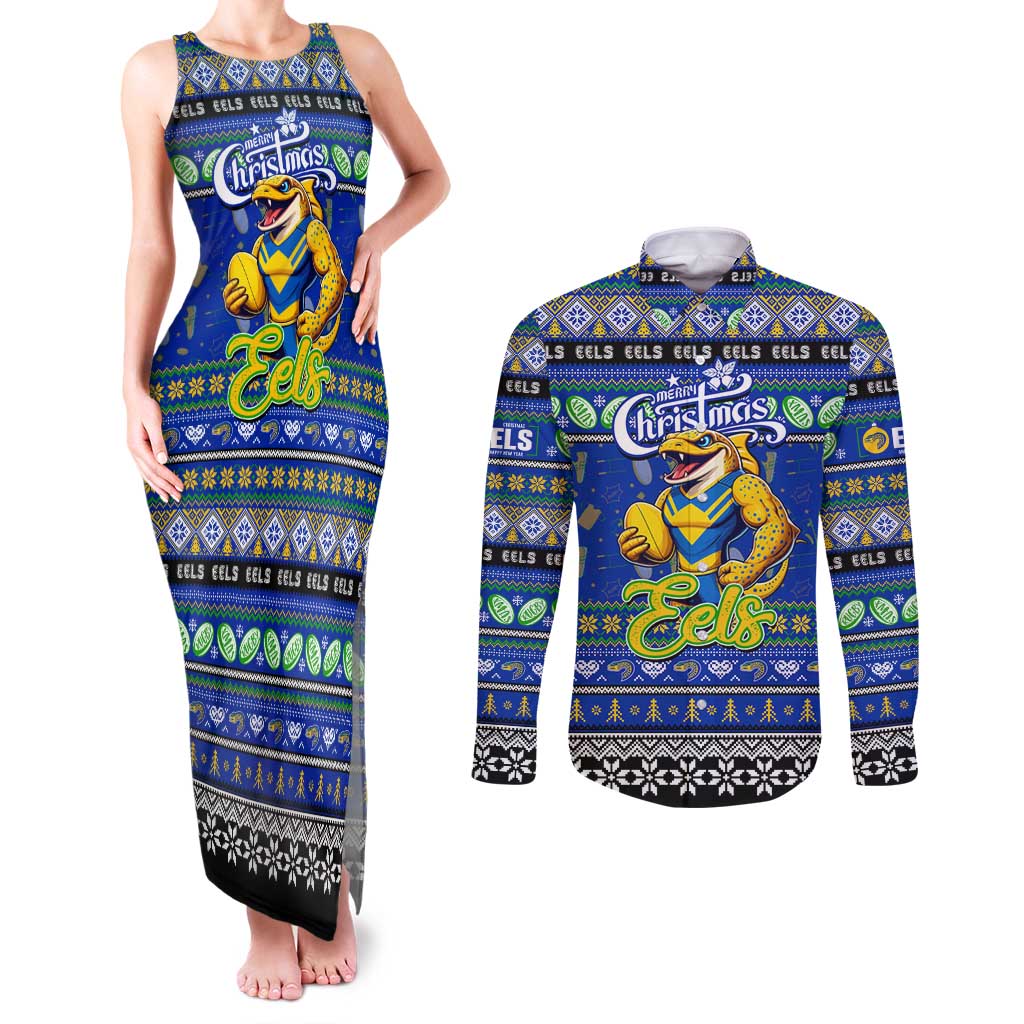 Personalized Eels Rugby Xmas Couples Matching Tank Maxi Dress and Long Sleeve Button Shirt Australia NRL Mascot