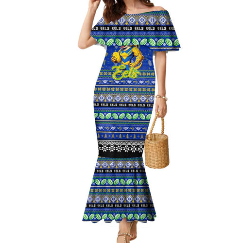 Personalized Eels Rugby Xmas Family Matching Mermaid Dress and Hawaiian Shirt Australia NRL Mascot