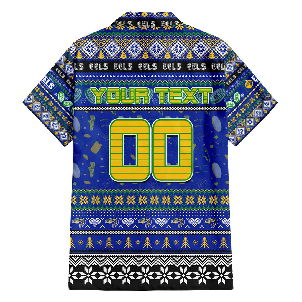 Personalized Eels Rugby Xmas Family Matching Off The Shoulder Long Sleeve Dress and Hawaiian Shirt Australia NRL Mascot