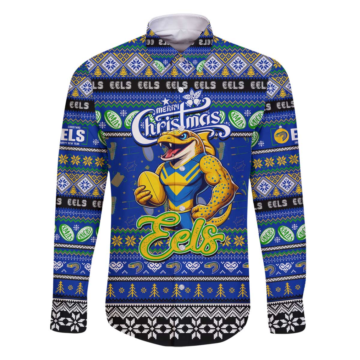 Personalized Eels Rugby Xmas Family Matching Off The Shoulder Long Sleeve Dress and Hawaiian Shirt Australia NRL Mascot