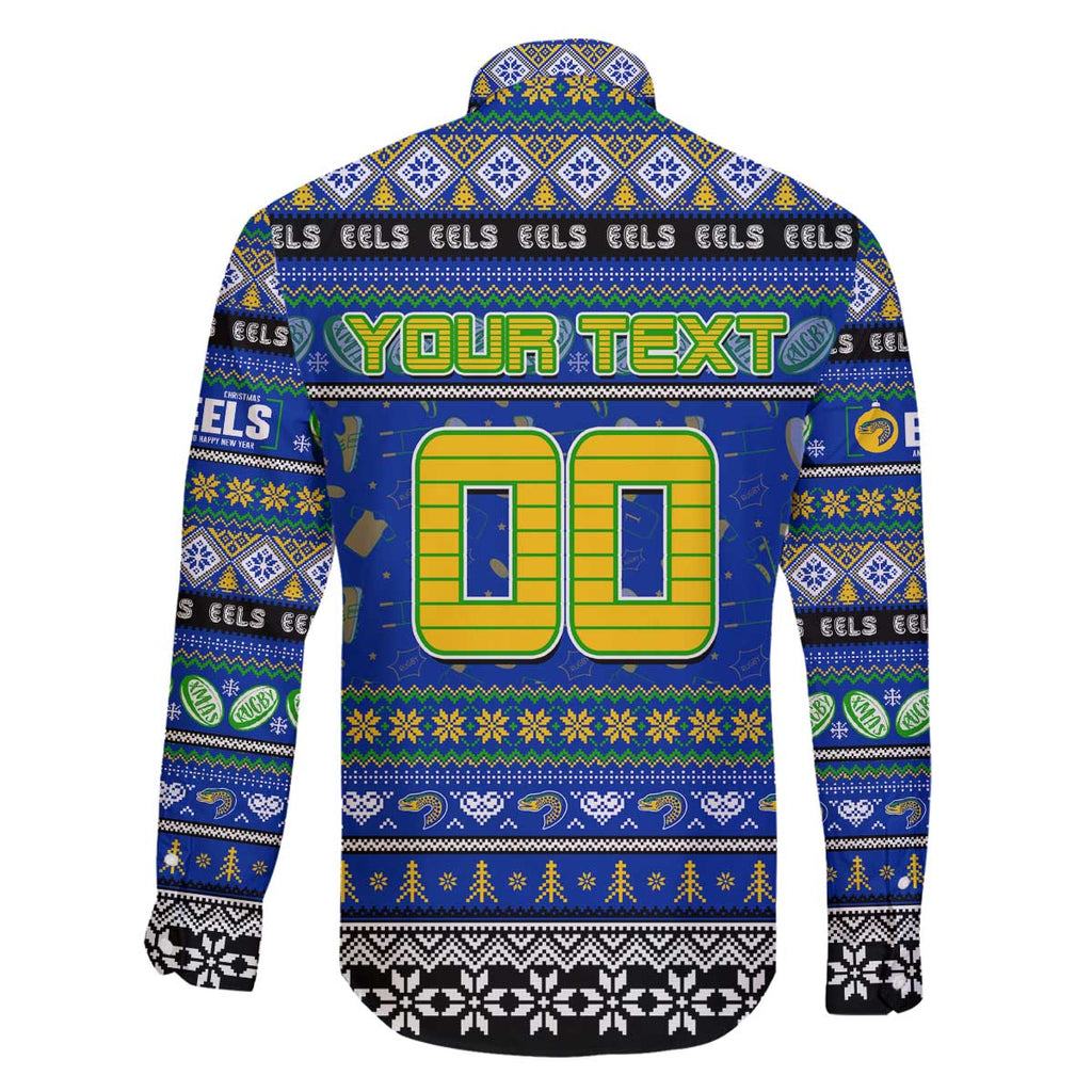 Personalized Eels Rugby Xmas Family Matching Off The Shoulder Long Sleeve Dress and Hawaiian Shirt Australia NRL Mascot