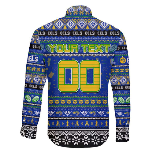 Personalized Eels Rugby Xmas Family Matching Off The Shoulder Long Sleeve Dress and Hawaiian Shirt Australia NRL Mascot