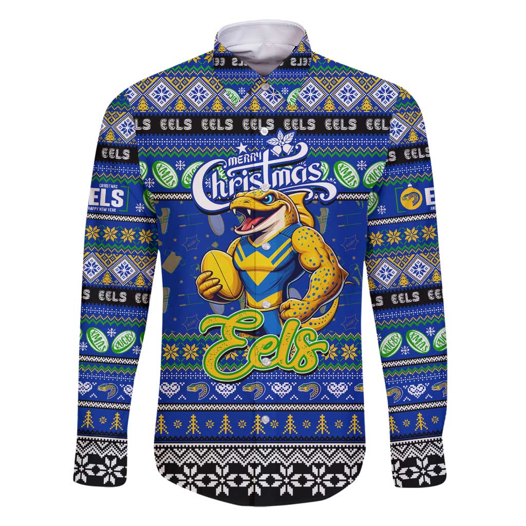 Personalized Eels Rugby Xmas Family Matching Off Shoulder Maxi Dress and Hawaiian Shirt Australia NRL Mascot