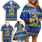 Personalized Eels Rugby Xmas Family Matching Off Shoulder Short Dress and Hawaiian Shirt Australia NRL Mascot