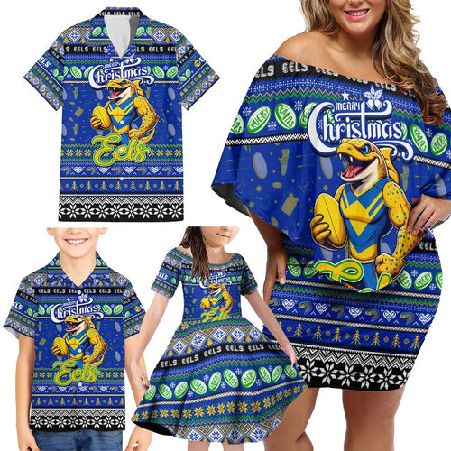 Personalized Eels Rugby Xmas Family Matching Off Shoulder Short Dress and Hawaiian Shirt Australia NRL Mascot