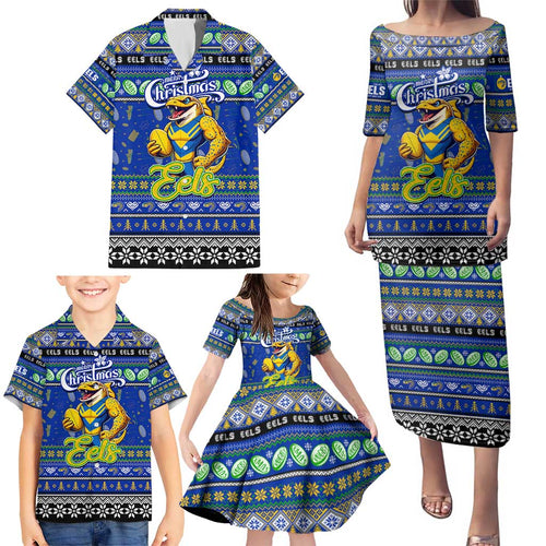 Personalized Eels Rugby Xmas Family Matching Puletasi and Hawaiian Shirt Australia NRL Mascot