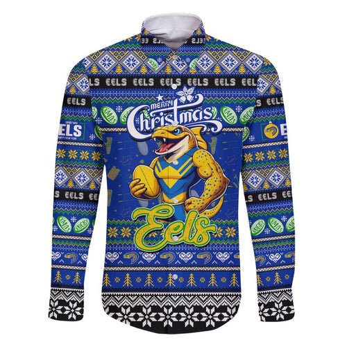 Personalized Eels Rugby Xmas Family Matching Short Sleeve Bodycon Dress and Hawaiian Shirt Australia NRL Mascot