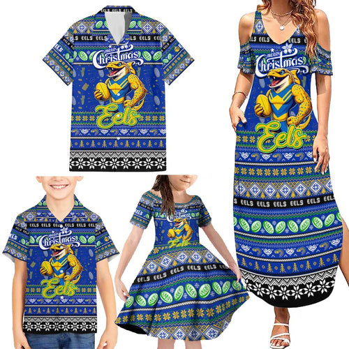 Personalized Eels Rugby Xmas Family Matching Summer Maxi Dress and Hawaiian Shirt Australia NRL Mascot