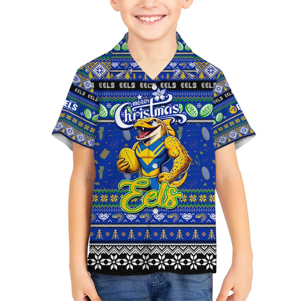 Personalized Eels Rugby Xmas Family Matching Summer Maxi Dress and Hawaiian Shirt Australia NRL Mascot