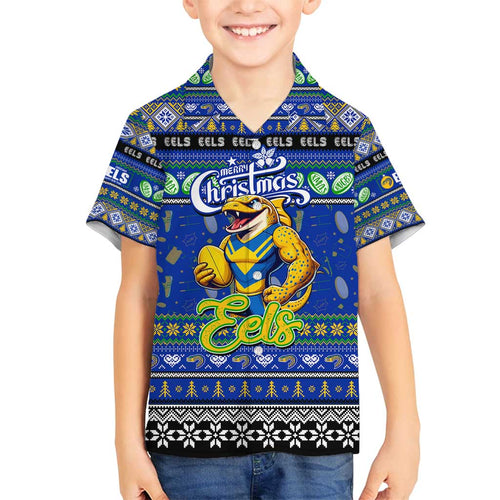 Personalized Eels Rugby Xmas Family Matching Summer Maxi Dress and Hawaiian Shirt Australia NRL Mascot