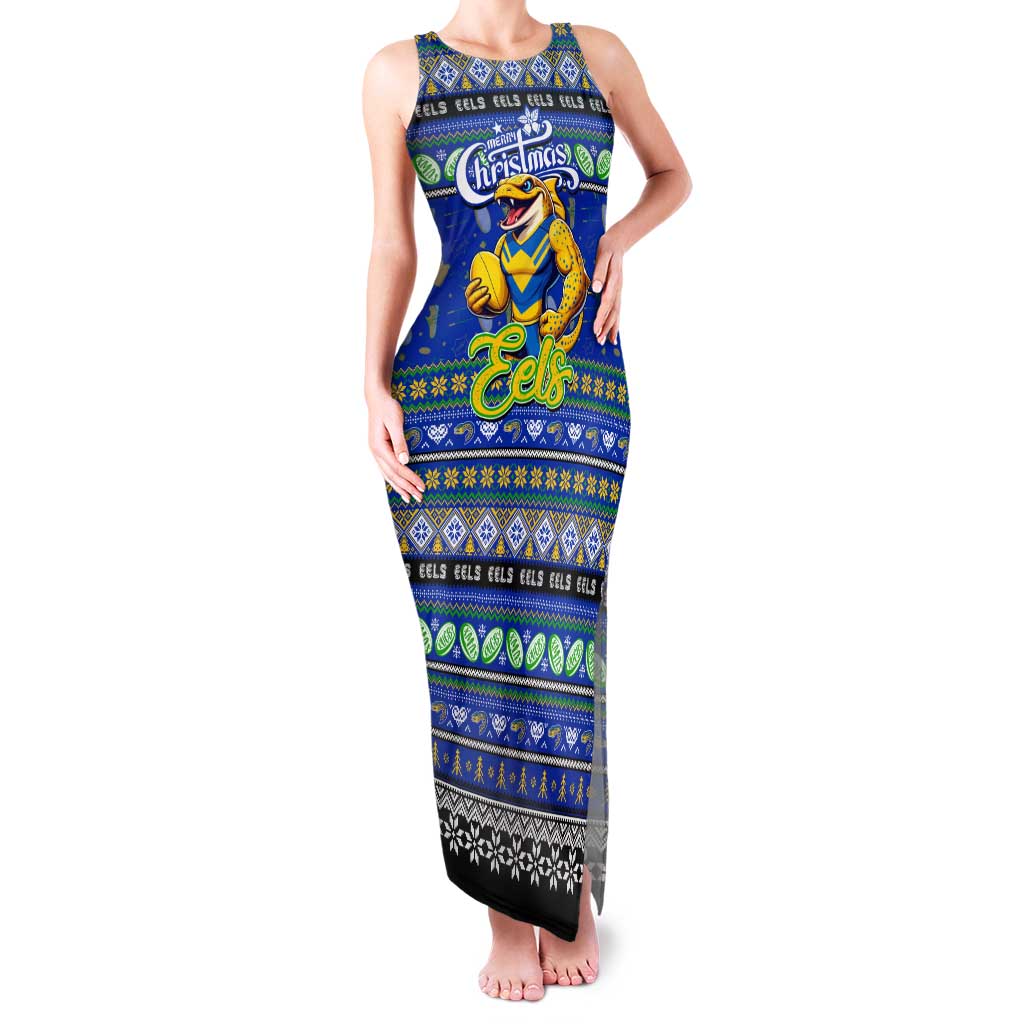 Personalized Eels Rugby Xmas Family Matching Tank Maxi Dress and Hawaiian Shirt Australia NRL Mascot