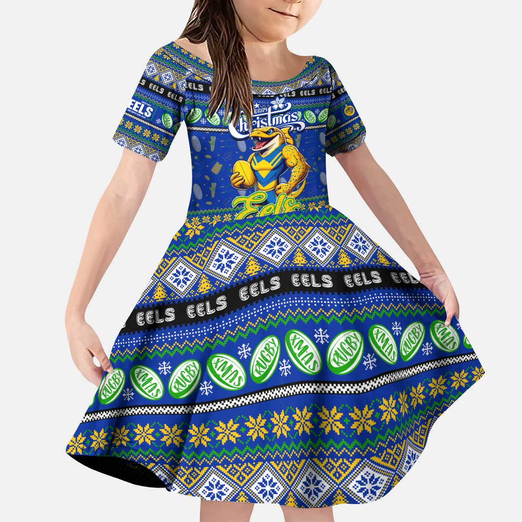 Personalized Eels Rugby Xmas Kid Short Sleeve Dress Australia NRL Mascot