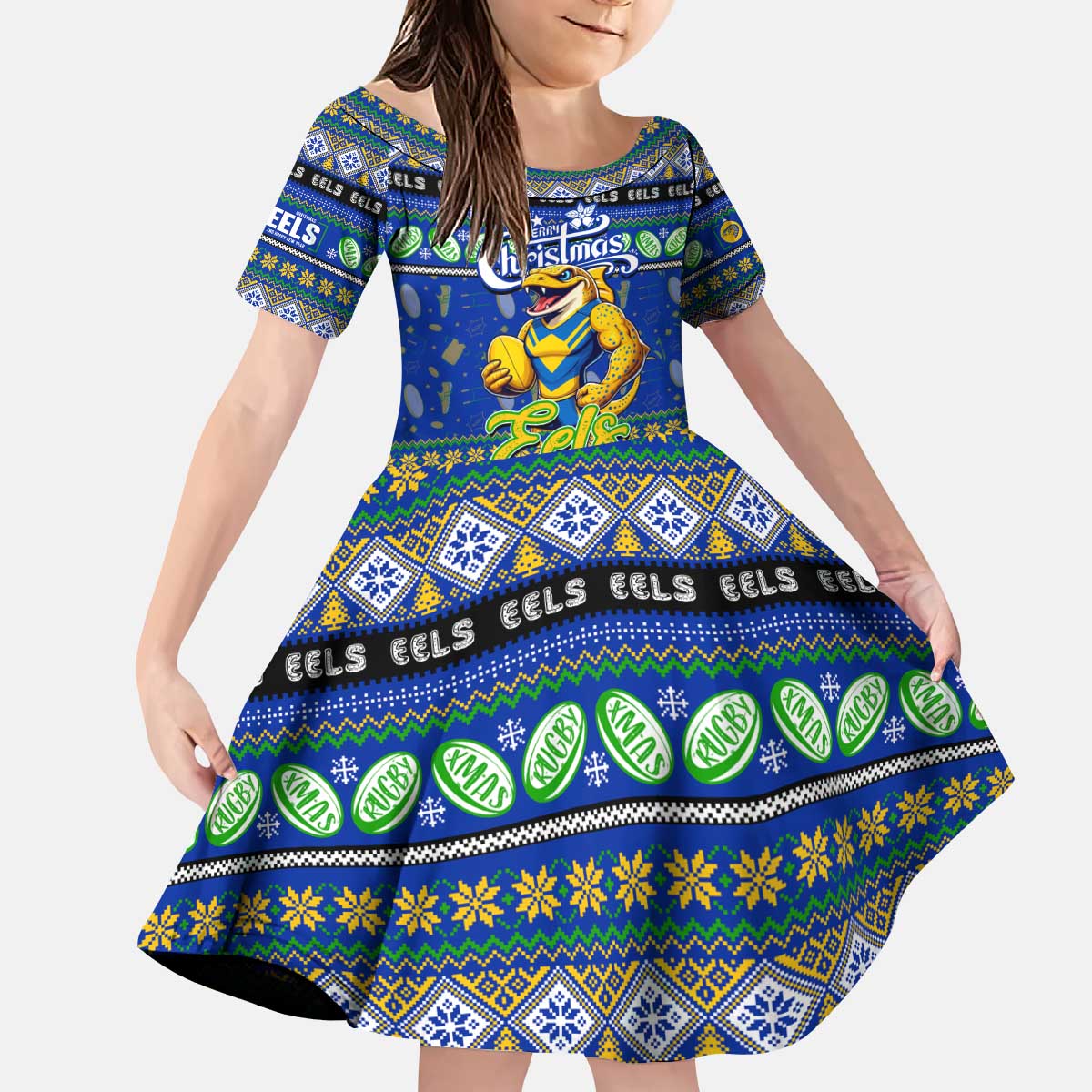 Personalized Eels Rugby Xmas Kid Short Sleeve Dress Australia NRL Mascot