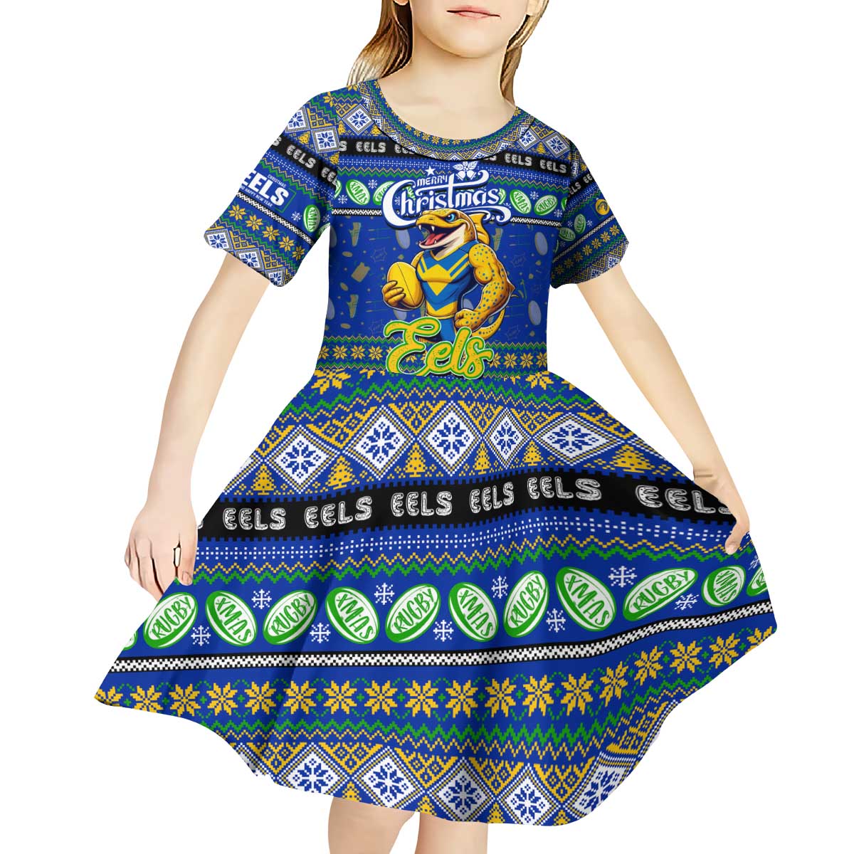 Personalized Eels Rugby Xmas Kid Short Sleeve Dress Australia NRL Mascot