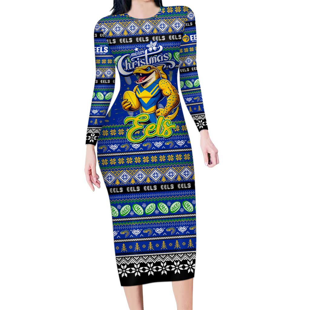 Personalized Eels Rugby Xmas Long Sleeve Bodycon Dress Australia NRL Mascot
