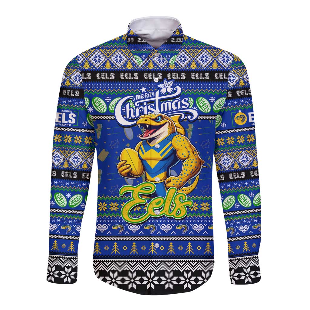 Personalized Eels Rugby Xmas Long Sleeve Button Shirt Australia NRL Mascot