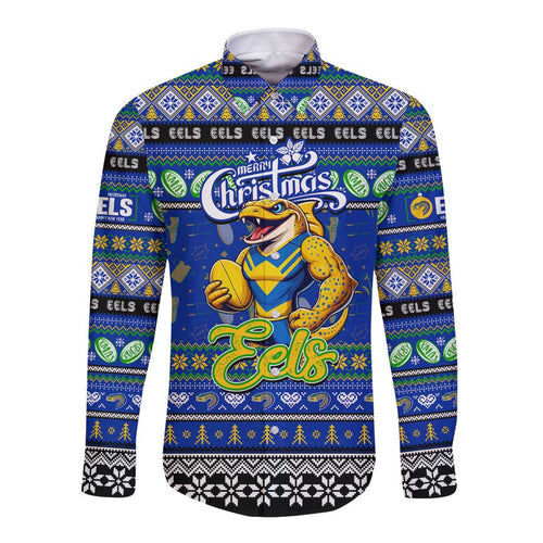 Personalized Eels Rugby Xmas Long Sleeve Button Shirt Australia NRL Mascot