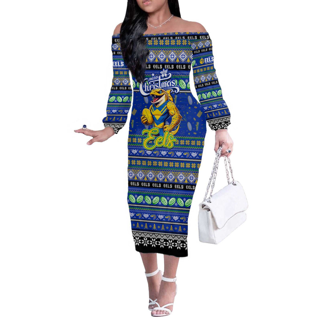 Personalized Eels Rugby Xmas Off The Shoulder Long Sleeve Dress Australia NRL Mascot