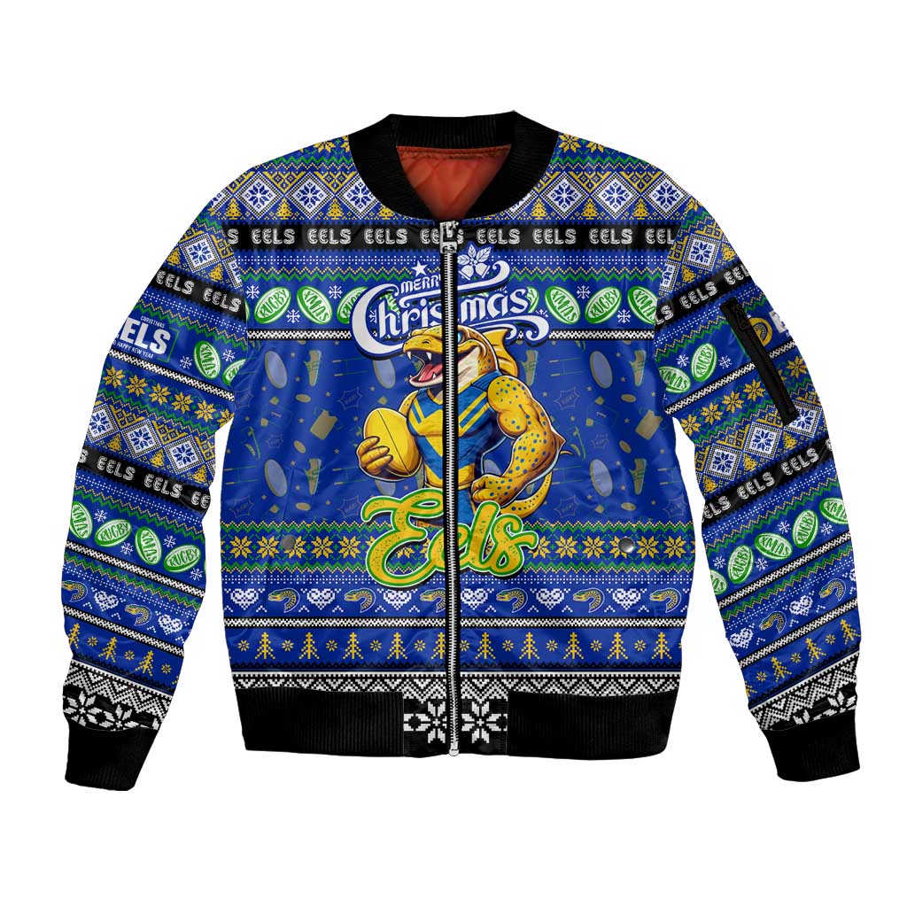 Personalized Eels Rugby Xmas Sleeve Zip Bomber Jacket Australia NRL Mascot