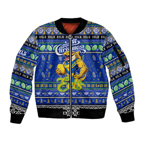Personalized Eels Rugby Xmas Sleeve Zip Bomber Jacket Australia NRL Mascot