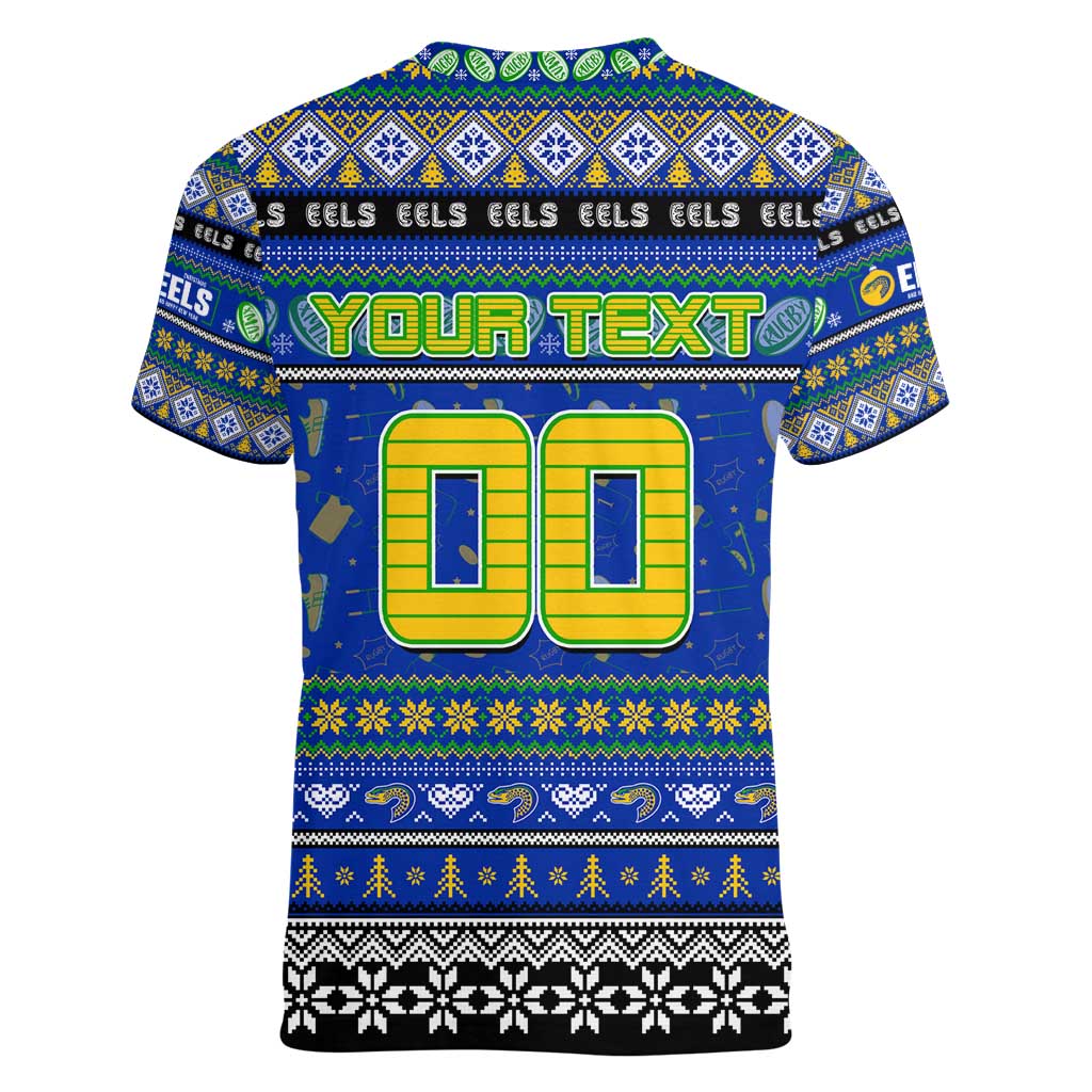Personalized Eels Rugby Xmas Women V-Neck T-Shirt Australia NRL Mascot
