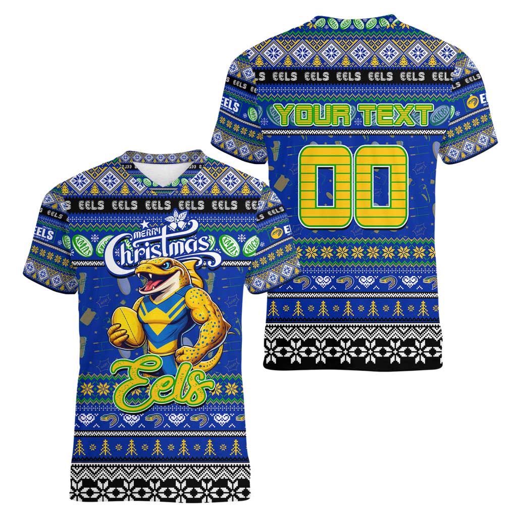 Personalized Eels Rugby Xmas Women V-Neck T-Shirt Australia NRL Mascot