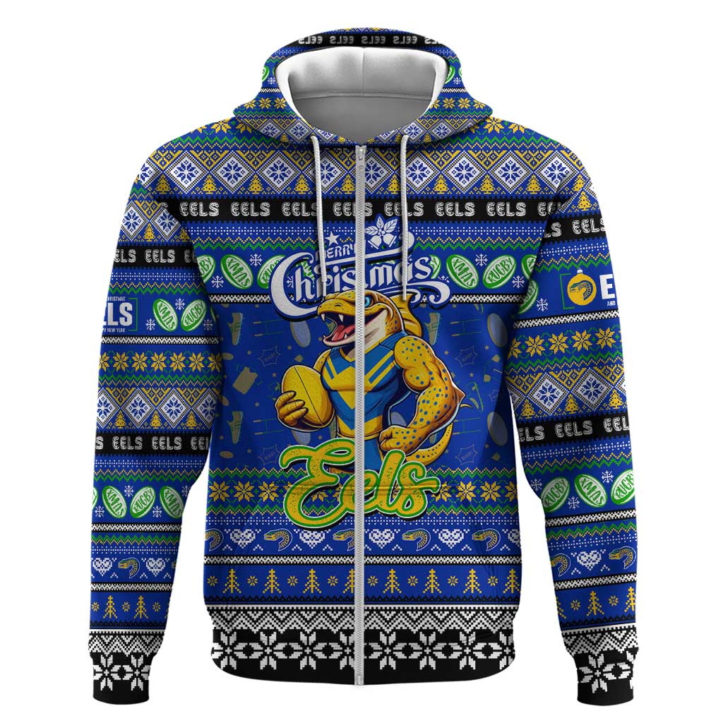 Personalized Eels Rugby Xmas Zip Hoodie Australia NRL Mascot