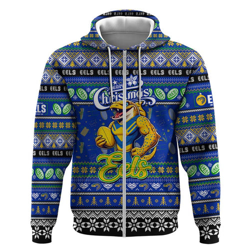 Personalized Eels Rugby Xmas Zip Hoodie Australia NRL Mascot