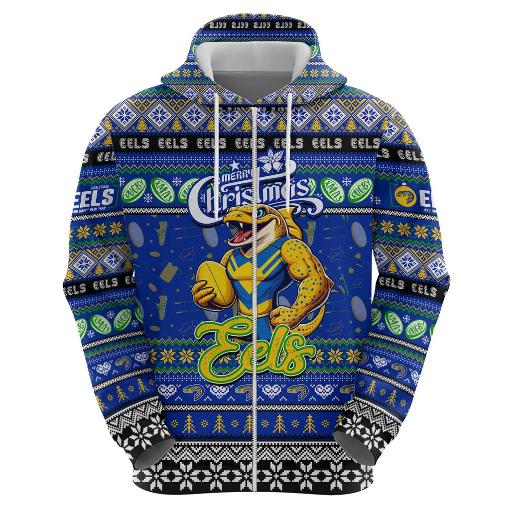 Personalized Eels Rugby Xmas Zip Hoodie Australia NRL Mascot