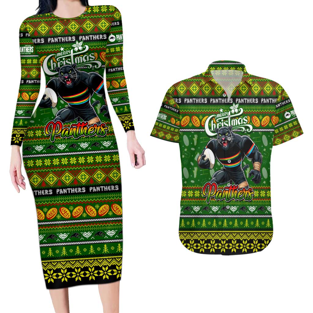 Personalized Panthers Rugby Xmas Couples Matching Long Sleeve Bodycon Dress and Hawaiian Shirt Australia NRL Mascot