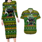 Personalized Panthers Rugby Xmas Couples Matching Long Sleeve Bodycon Dress and Hawaiian Shirt Australia NRL Mascot