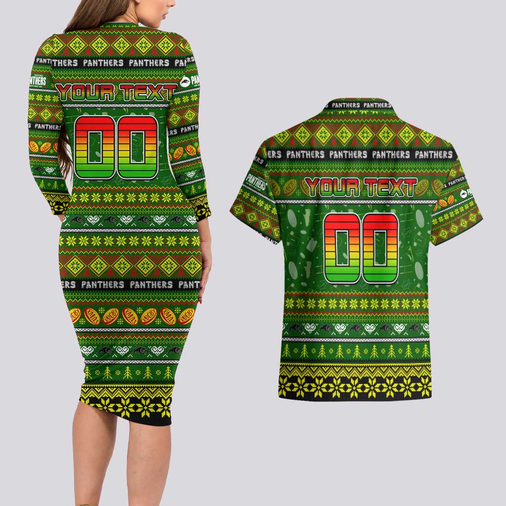 Personalized Panthers Rugby Xmas Couples Matching Long Sleeve Bodycon Dress and Hawaiian Shirt Australia NRL Mascot